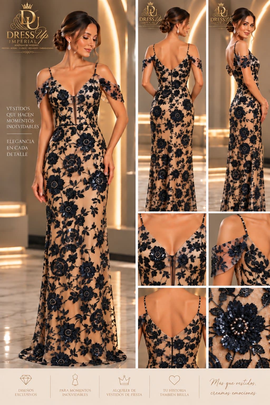 Vestido de fiesta nude y azul talla S DU-R-003