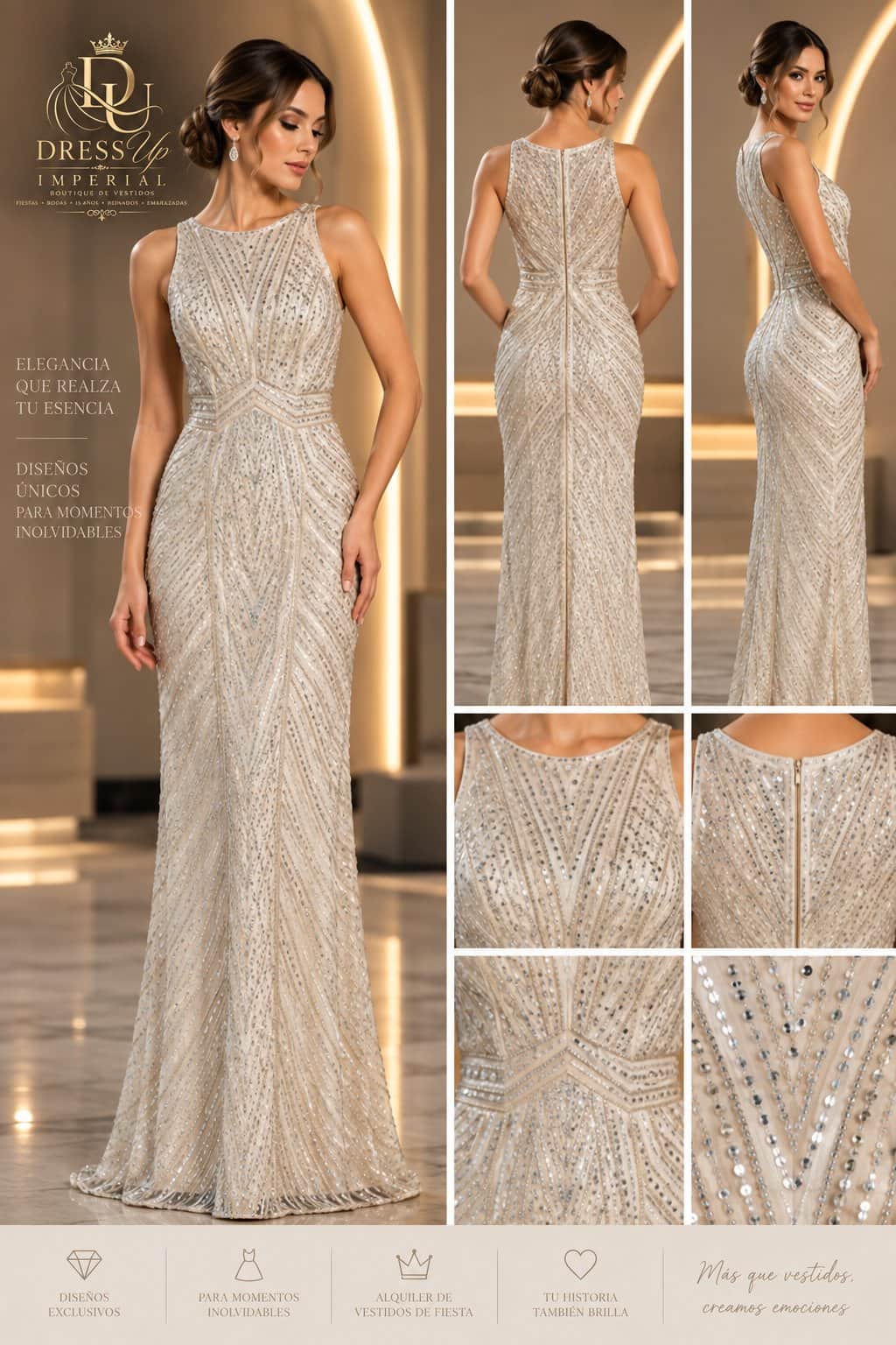 Vestido de gala champagne marfil talla S DU-R-004