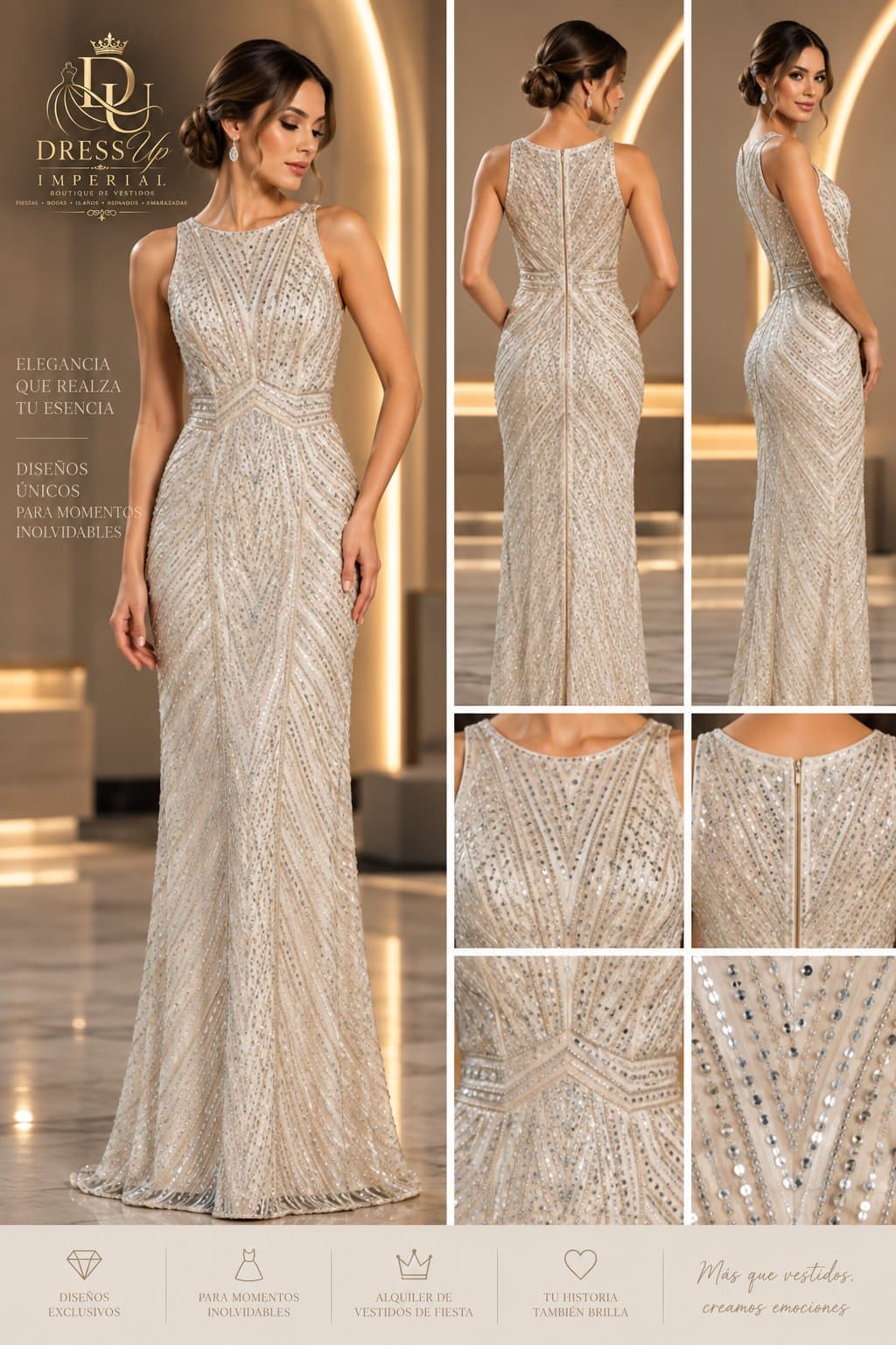 Vestido de gala champagne marfil talla S DU-R-004