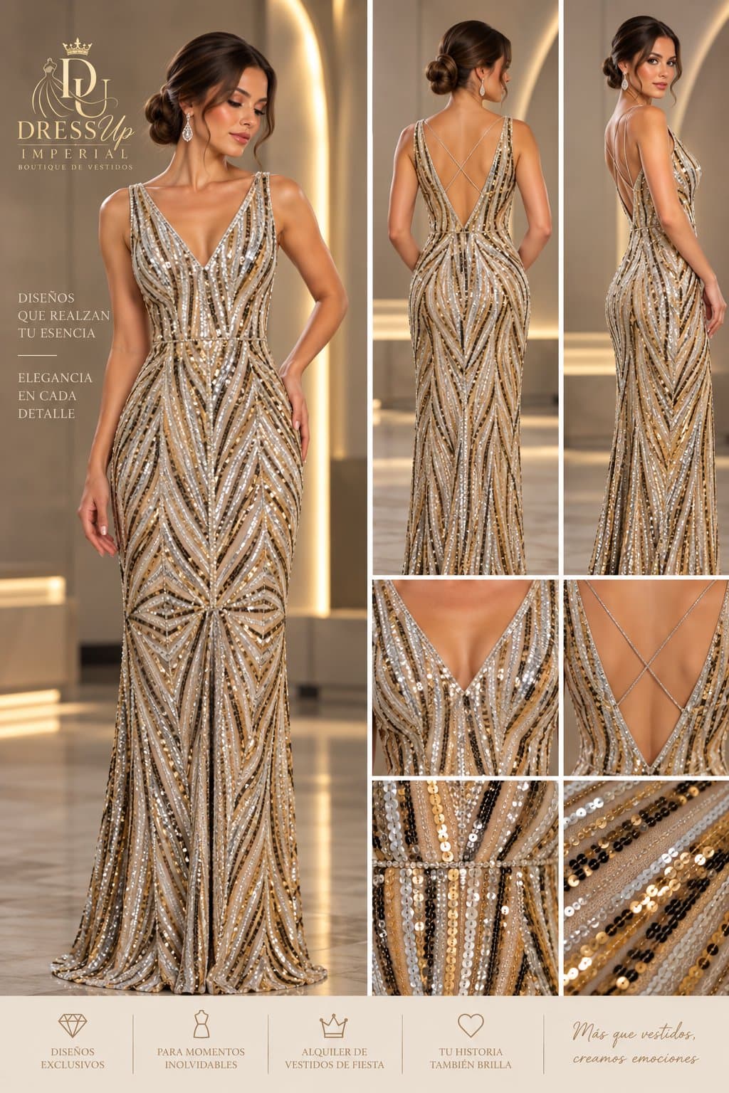 Vestido de gala champagne dorado talla S/M DU-R-012