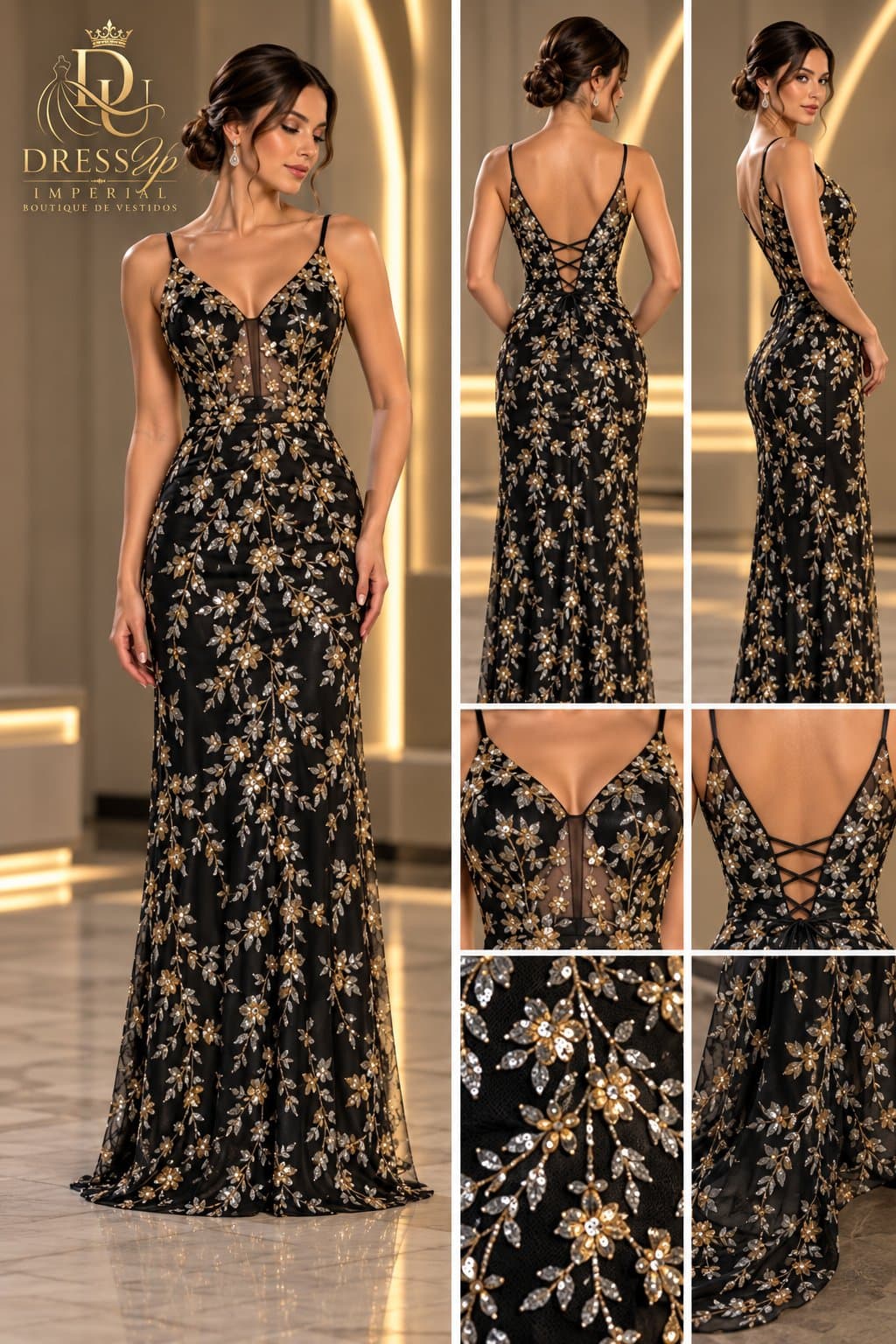 Vestido de gala negro y dorado talla S/M DU-R-013